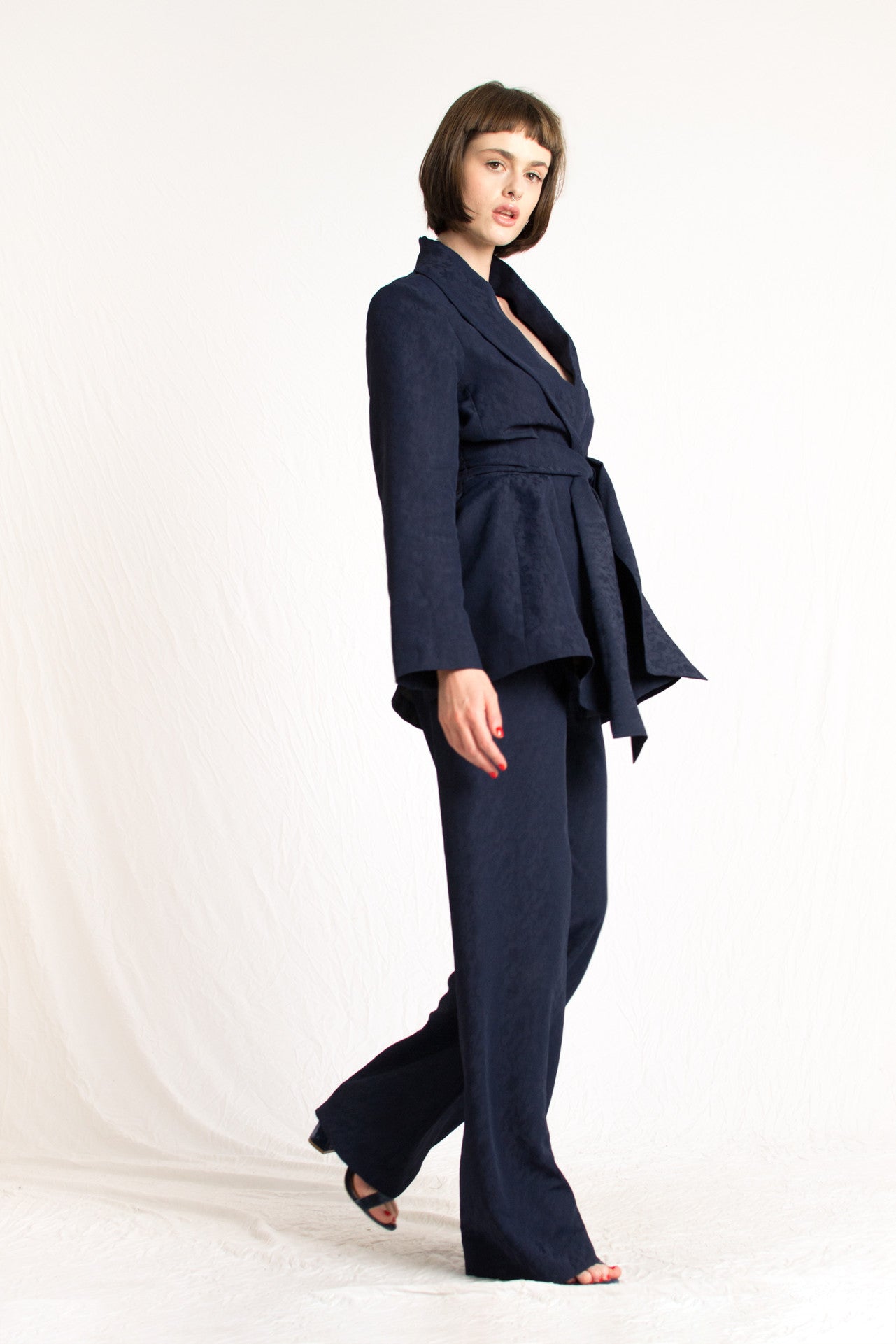 Navy Blue Silk Women Suit Set - Custom Made - Bastet Noir
