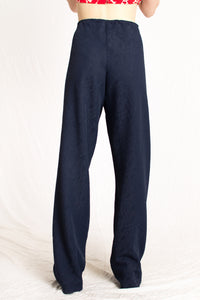 Navy blue jacquard silk high rise pants - Custom Made - Bastet Noir