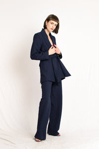 navy blue patterned relaxed fit blazer with wrap around belt