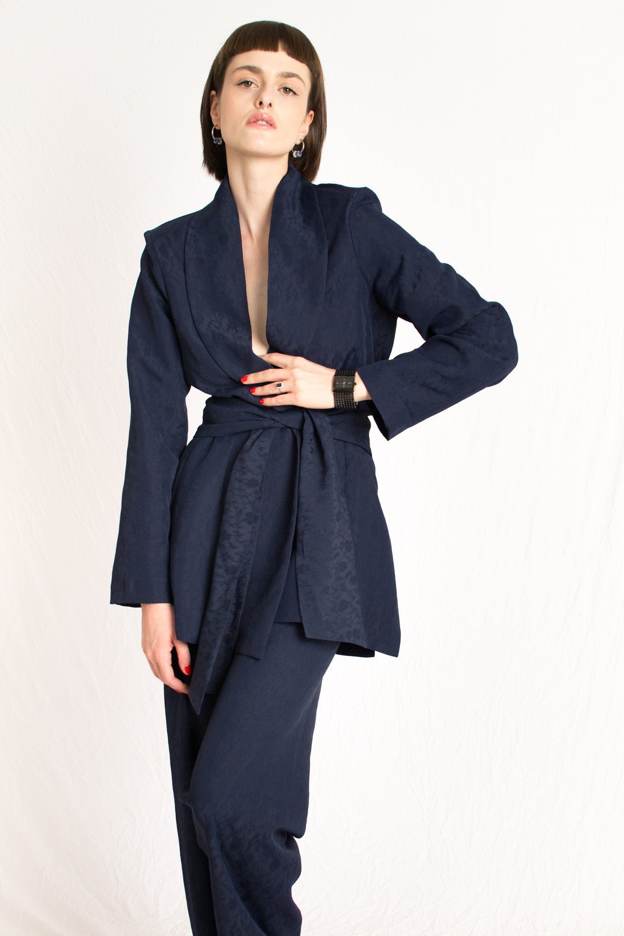 Navy Blue Silk Women Suit Set - Custom Made - Bastet Noir