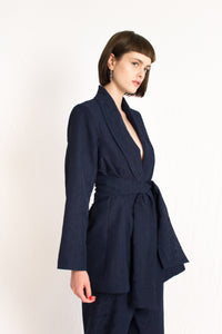 navy blue patterned wrap around two piece set blazer and pants