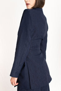 navy blue patterned wrap around two piece set blazer and pants