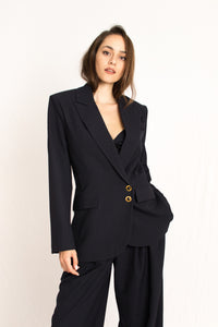 navy blue striped structured blazer with gold buttons and frill details