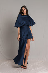 Navy Blue asymmetric satin silk wedding guest dress with short wide sleeves and cowl neckline