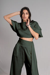 Olive green satin silk crop top and high waist pants set - Custom Made - Bastet Noir
