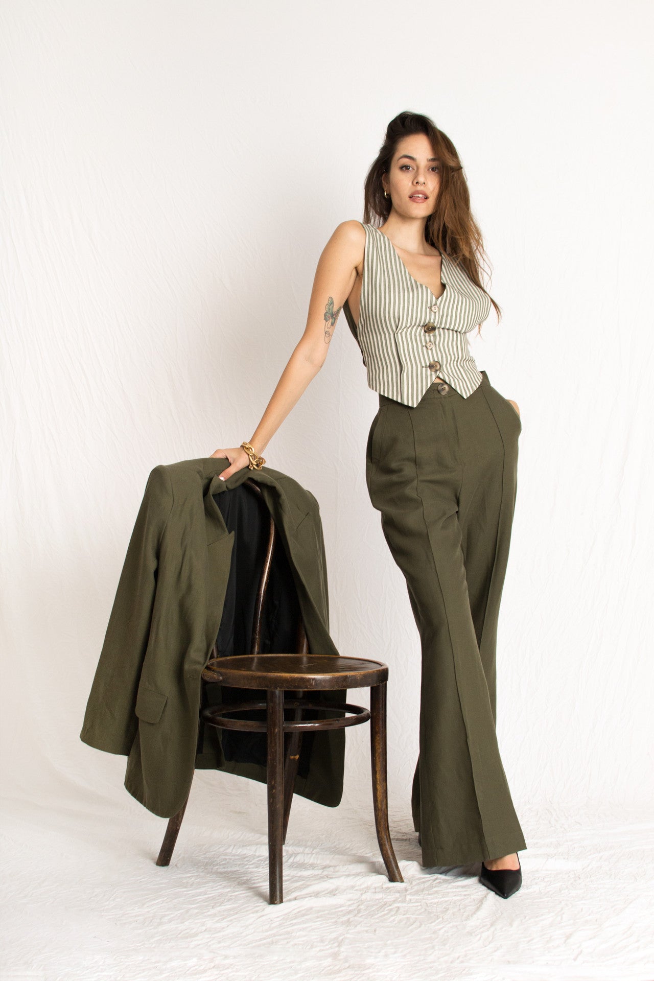 olive green striped three piece vest pants and blazer set with front buttons