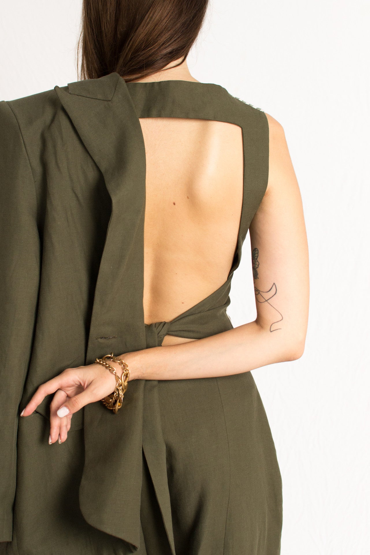 olive green striped three piece vest pants and blazer set with front buttons