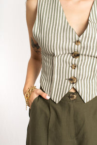 olive green striped two piece vest and pants set with front buttons