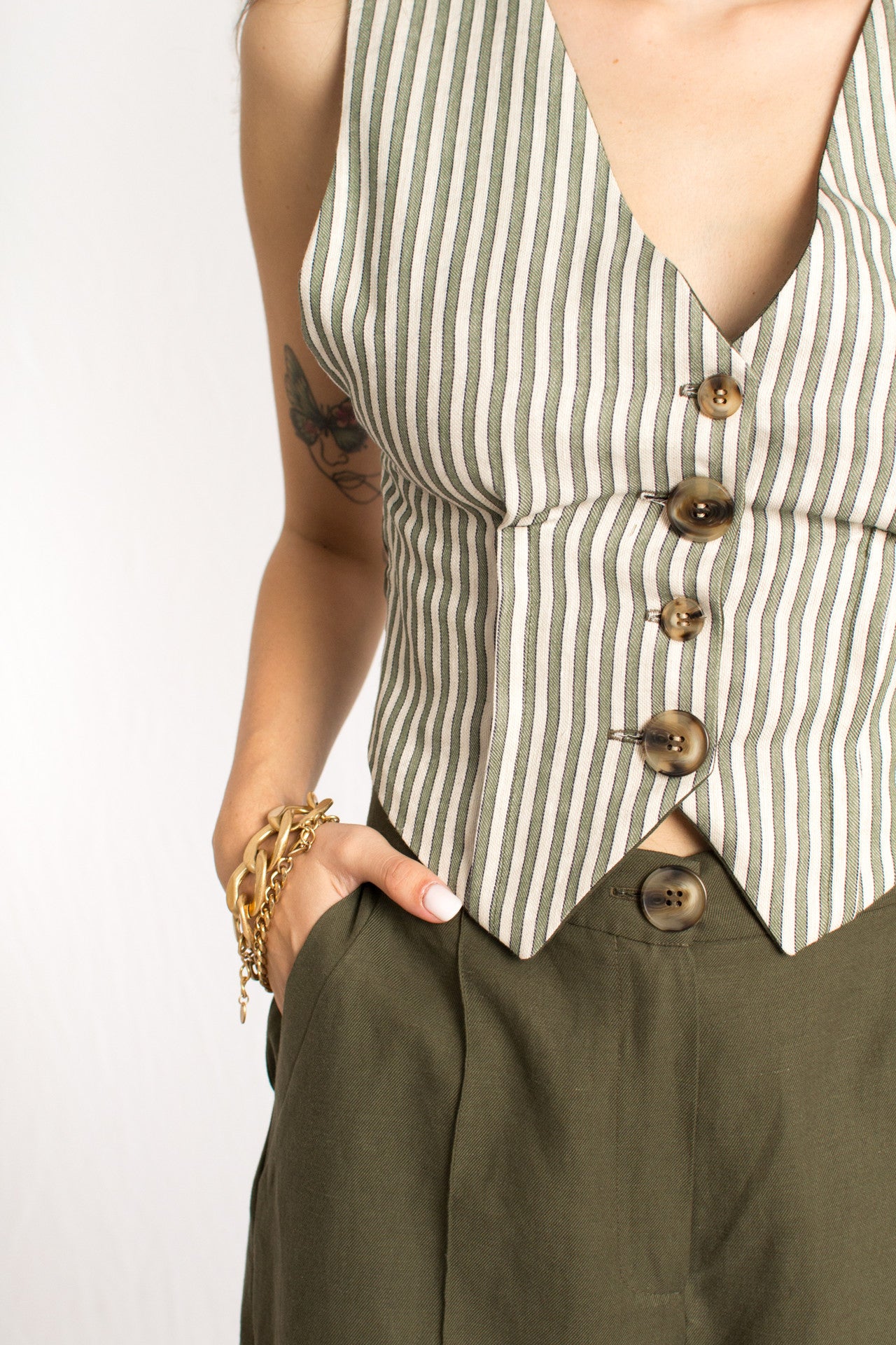 olive green striped three piece vest pants and blazer set with front buttons