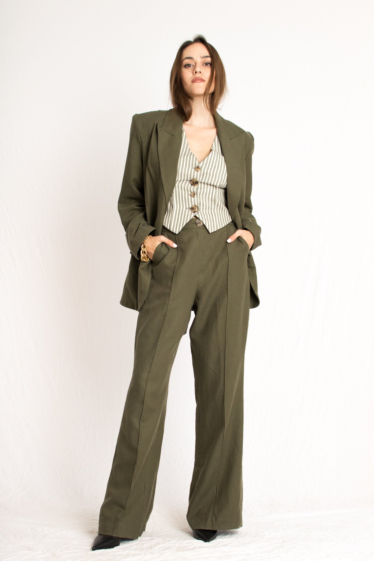 olive green striped three piece vest pants and blazer set with front buttons