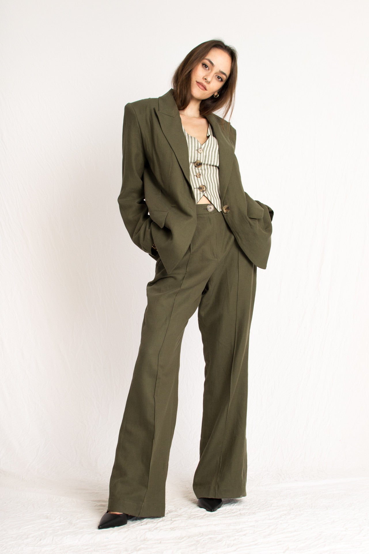 olive green striped three piece vest pants and blazer set with front buttons