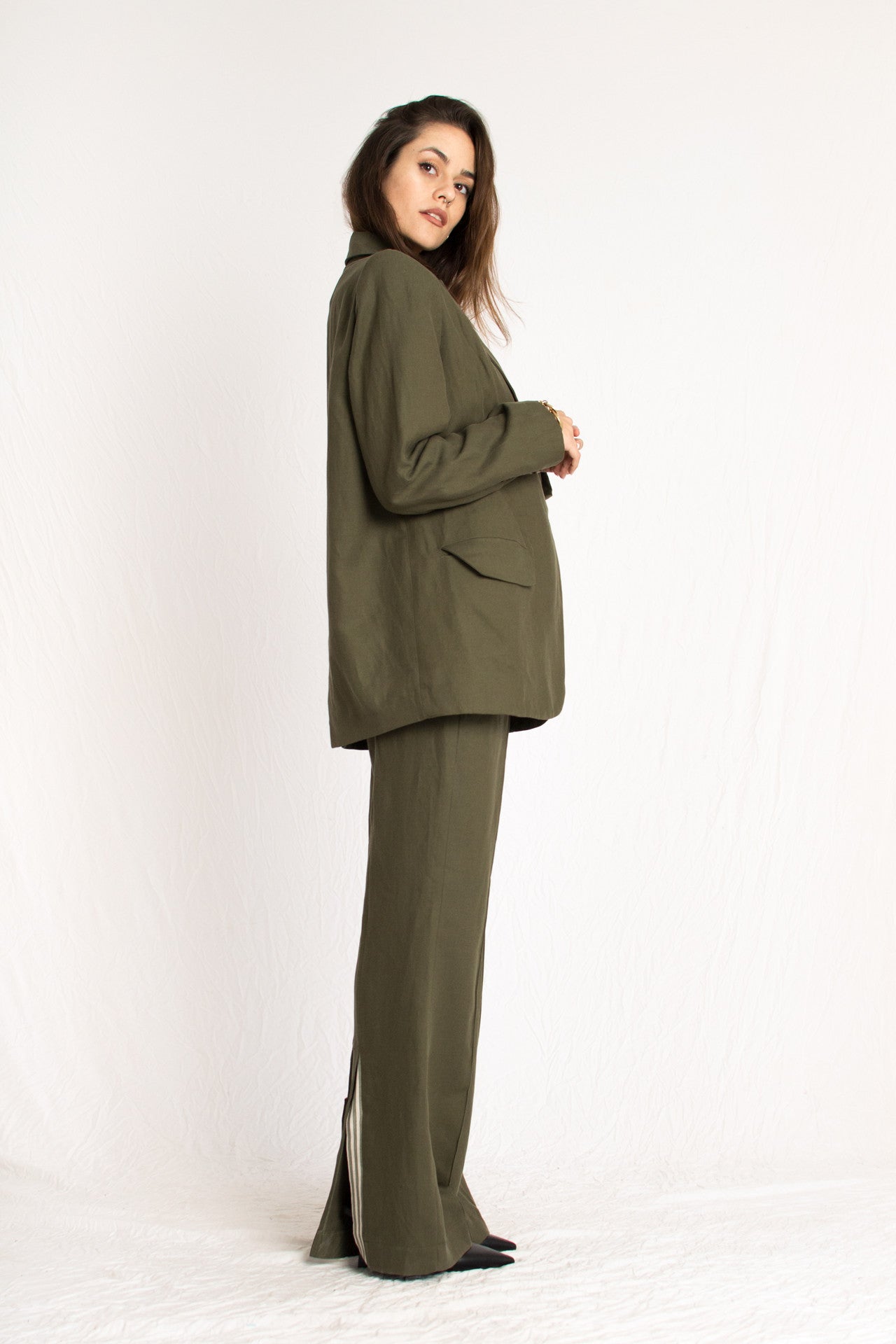 olive green striped three piece vest pants and blazer set with front buttons