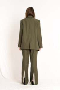 olive green blazer with front button and two pockets