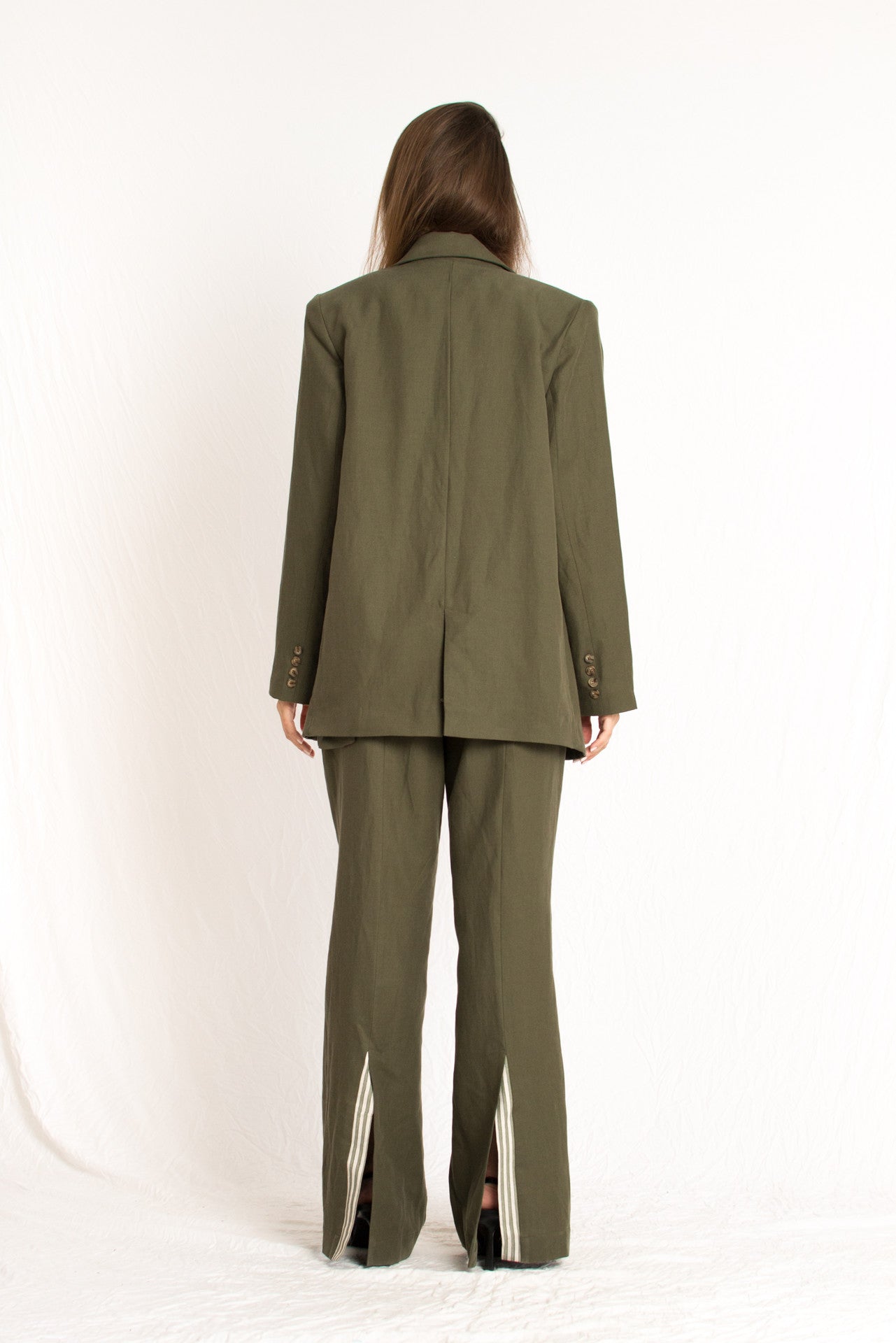 olive green striped three piece vest pants and blazer set with front buttons