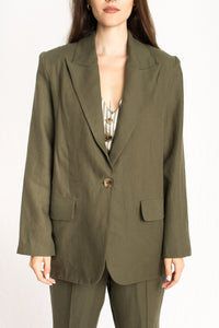 olive green striped three piece vest pants and blazer set with front buttons