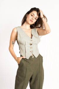 olive green striped two piece vest and pants set with front buttons