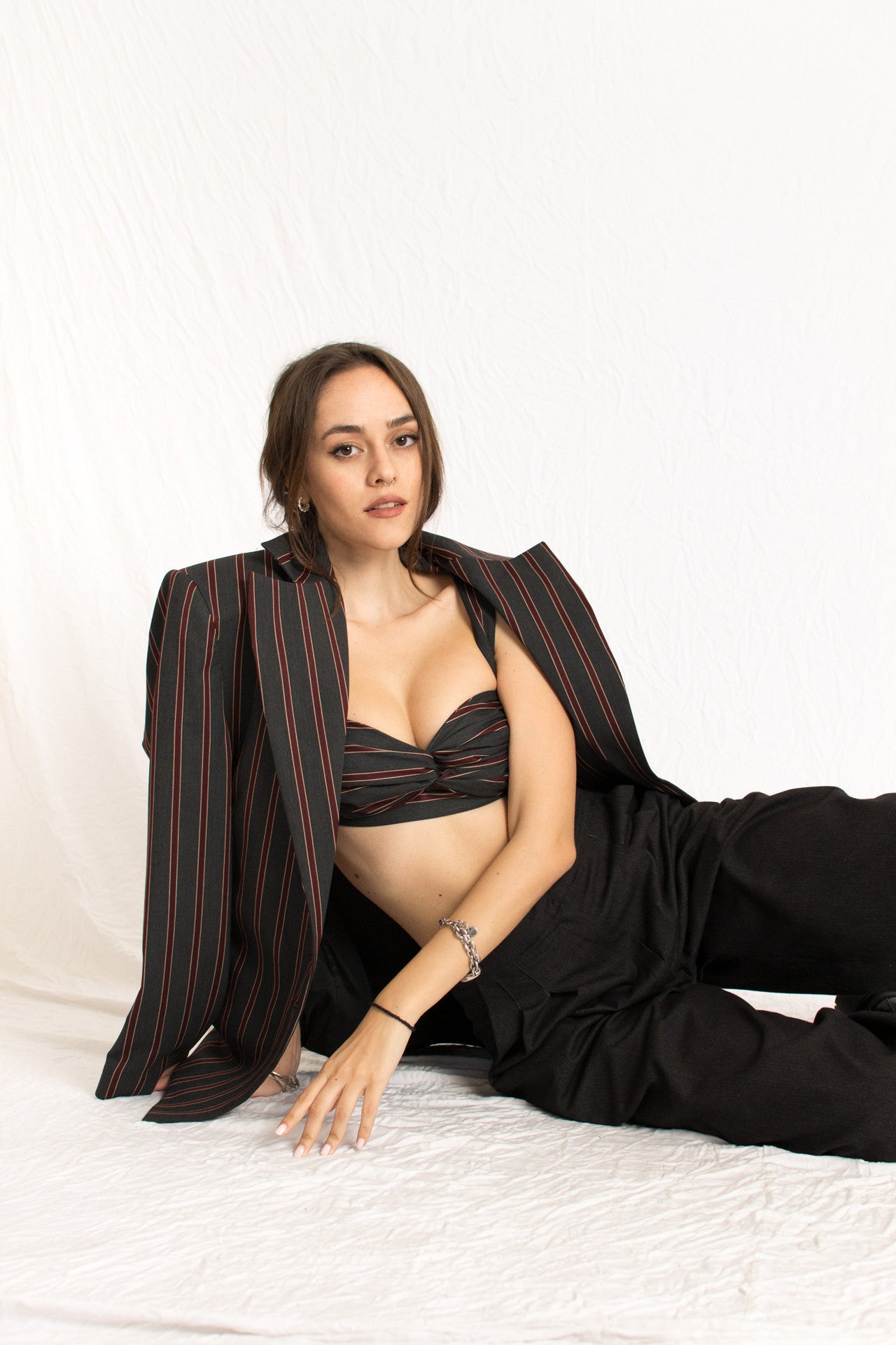 Grey wool bra top, grey women blazer and wool pants - Custom Made - Bastet Noir