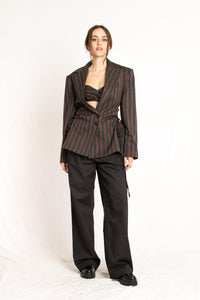 grey wool striped three piece set blazer bustier pants