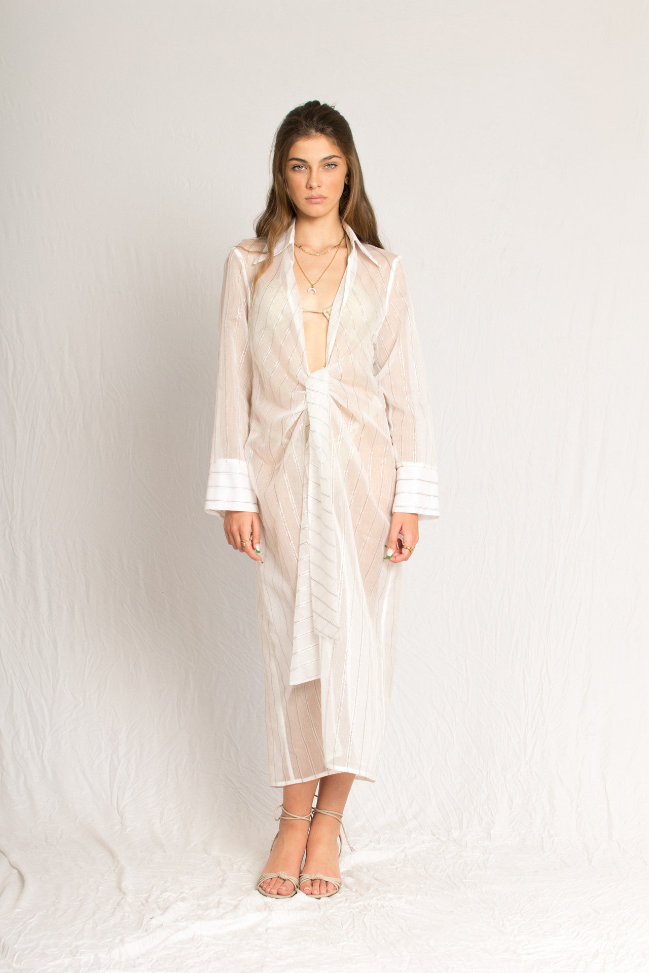 Transparent midi white resortwear shirt dress - Custom Made - Bastet Noir