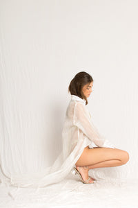 Long sheer shirt cover up with a front-tie waistband and loose fit