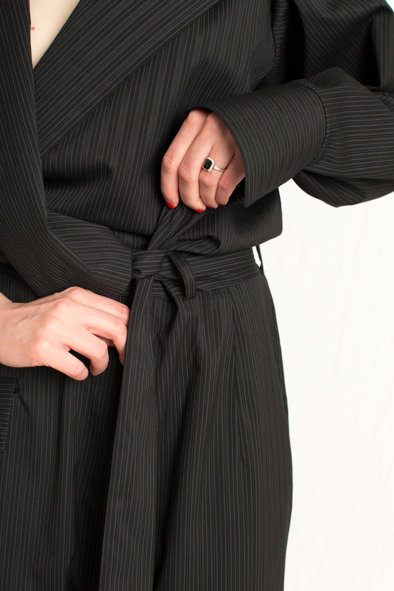 Custom made black striped plunging neckline detachable belt jumpsuit