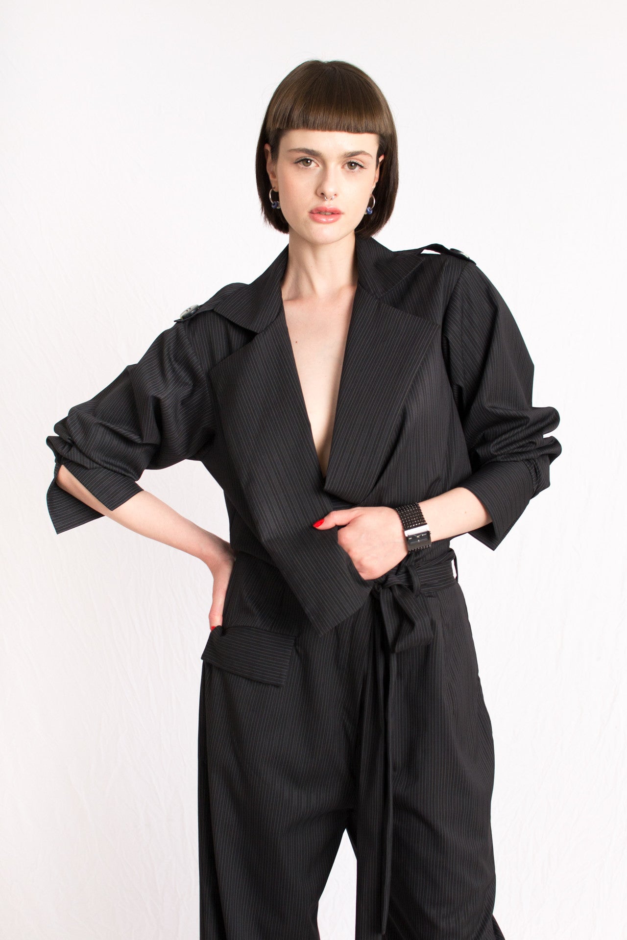 Custom made black striped plunging neckline detachable belt jumpsuit