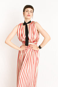 striped plunging neckline gathered shoulder rushing and side slits dress 