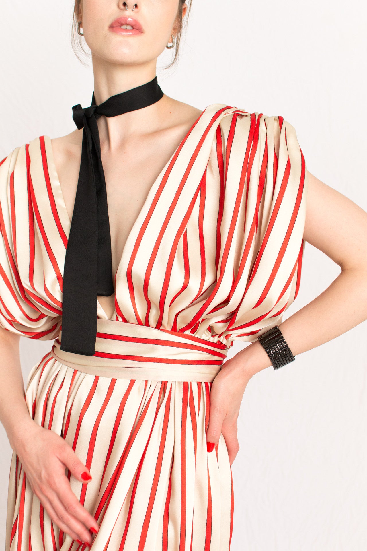 Red Striped Plunging Holiday Party Maxi Dress - Custom Made - Bastet Noir