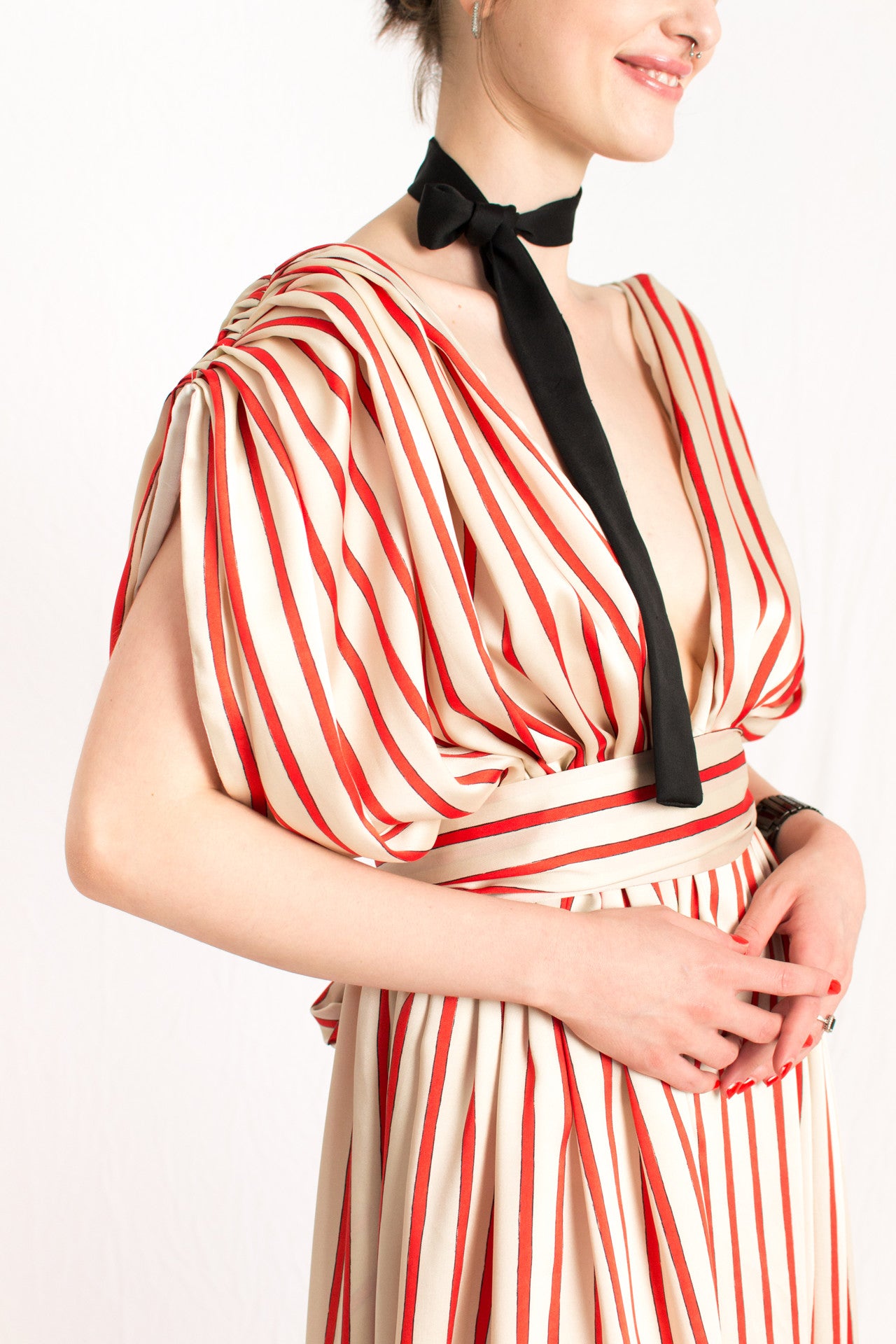 Red Striped Plunging Holiday Party Maxi Dress - Custom Made - Bastet Noir