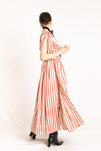 striped plunging neckline gathered shoulder rushing and side slits dress 