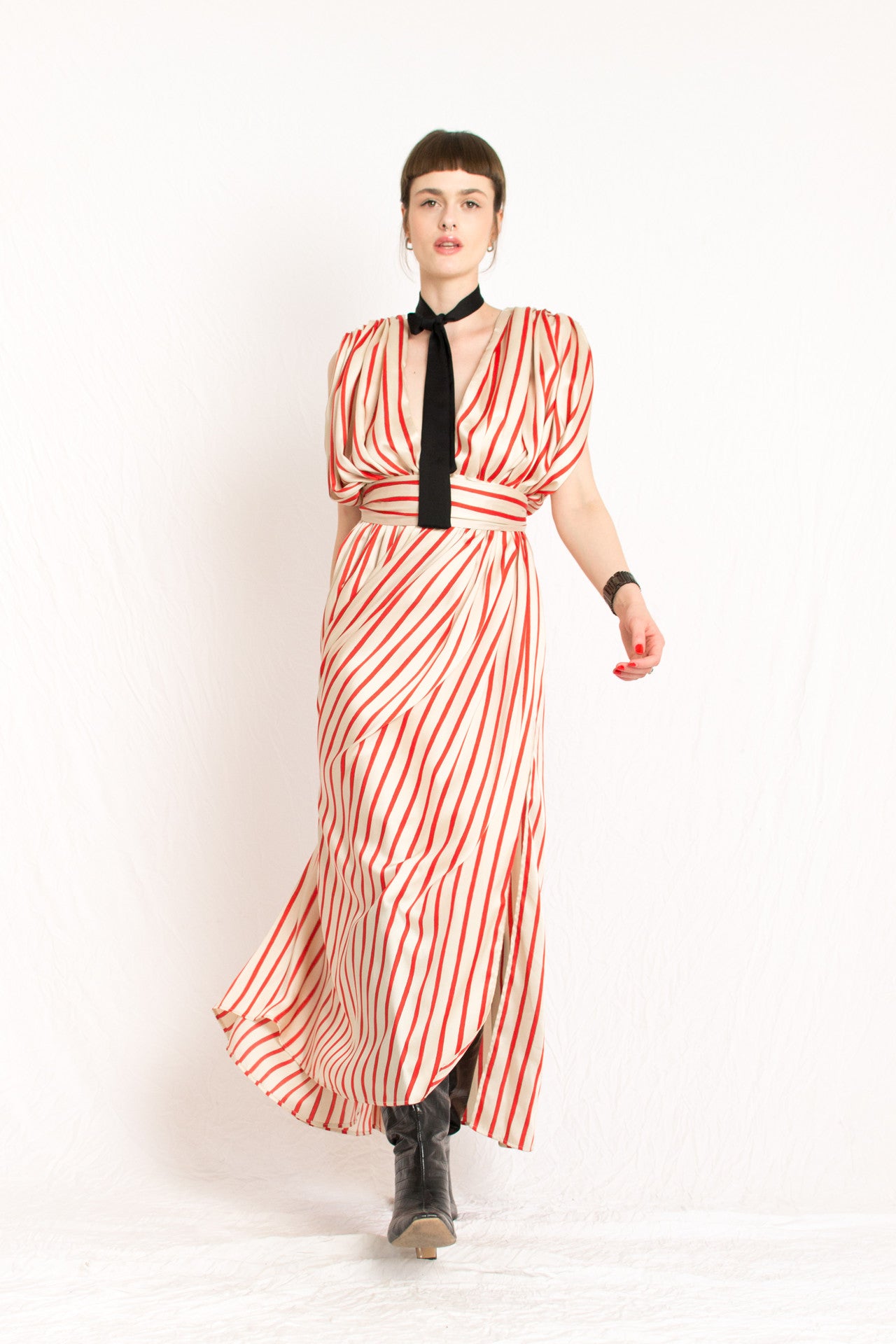 Red Striped Plunging Holiday Party Maxi Dress - Custom Made - Bastet Noir