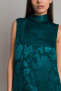 Teal flower applique straight-line silhouette turtleneck dress with side slit