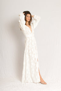 White 3d print long sleeve dress with front slit and a V neckline