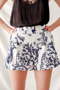 White and Blue Print High Waist Pleated Shorts - Custom Made - Bastet Noir 