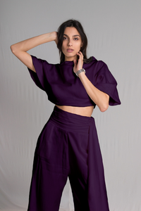 Purple satin silk crop top and high waist pants set - Custom Made - Bastet Noir